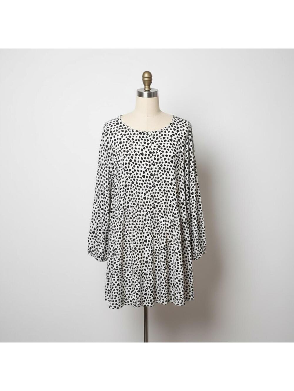 LOFT White Black Heart Print Flounce Swing Mini Dress Long Sleeve, Size XL - Picture 2 of 8